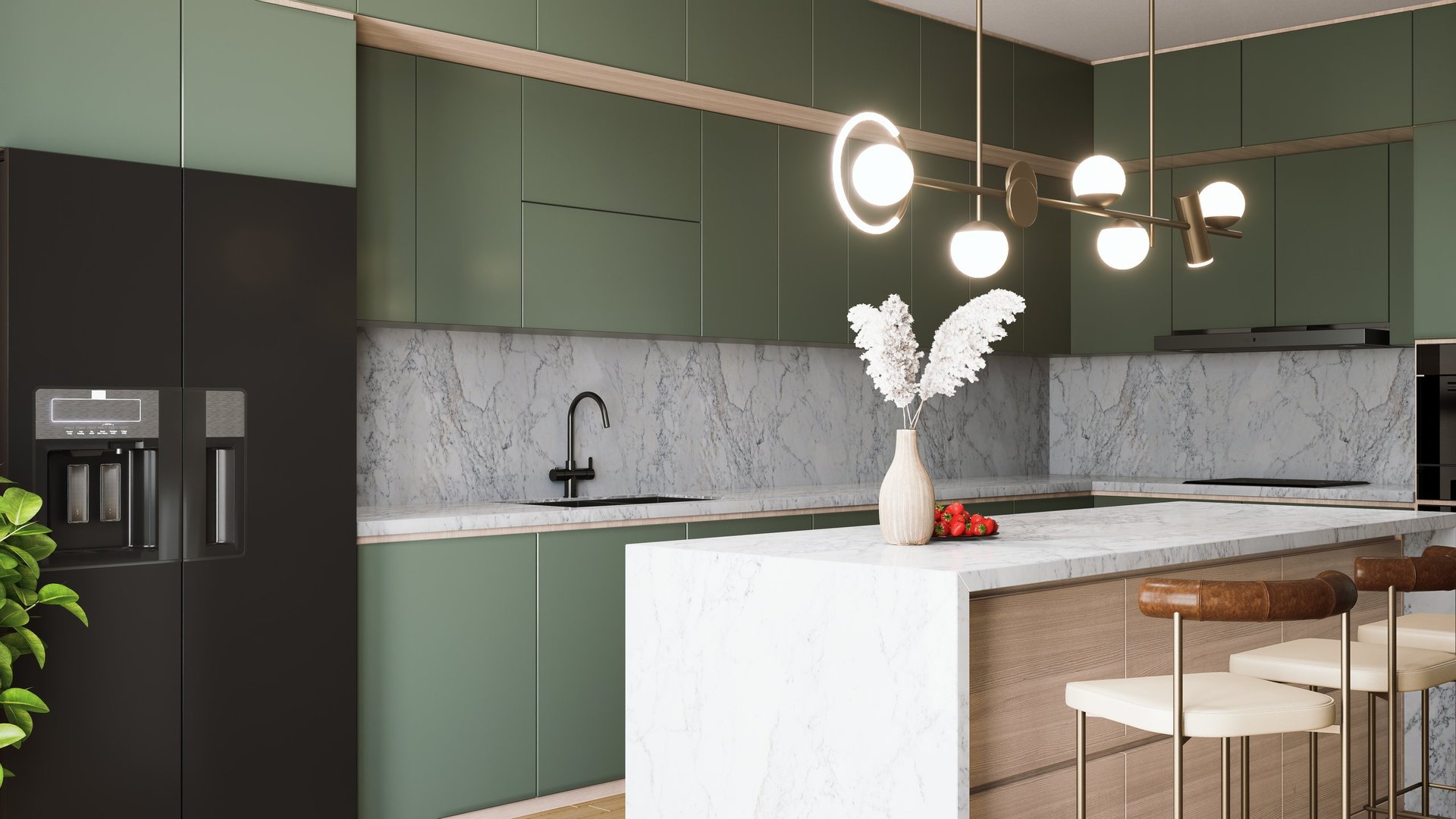 Modern kitchen with green cabinetry