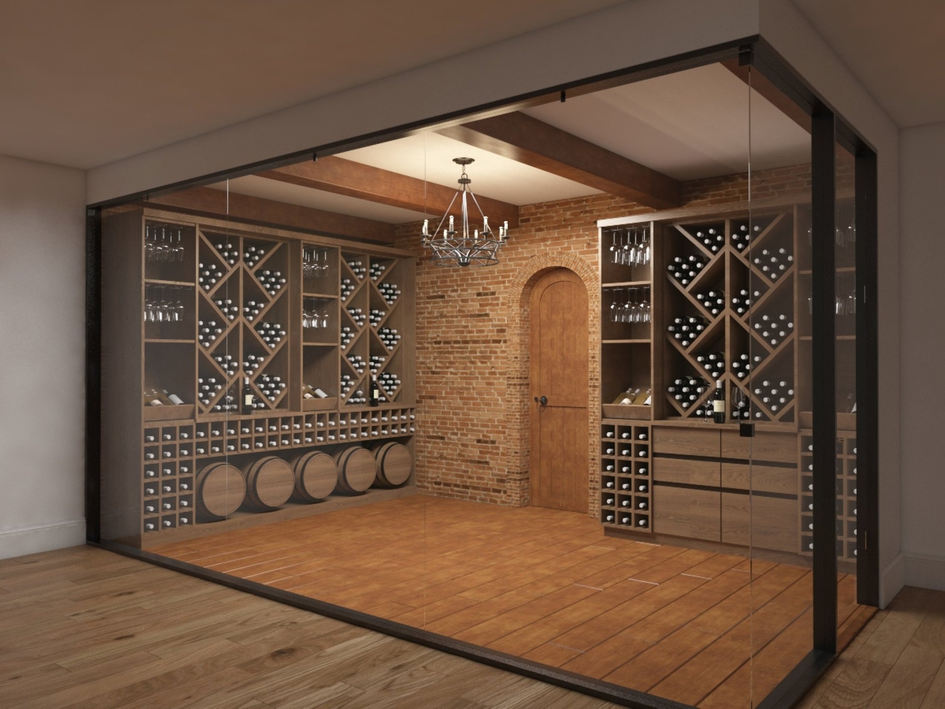 Luxury wine cellar with wooden racks, stone walls, and ambient lighting