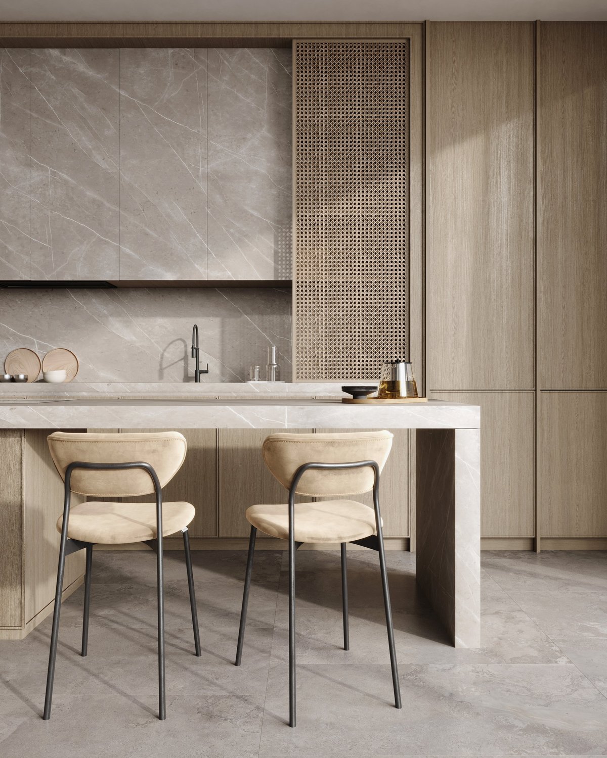 Modern luxury kitchen with custom cabinetry and stone countertops
