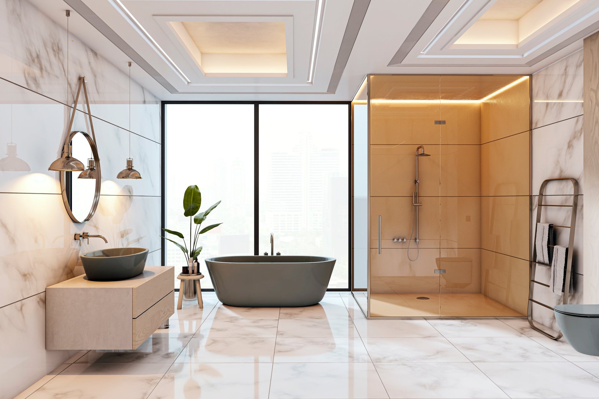 Luxury modern bathroom with marble finishes, walk-in shower, and freestanding tub