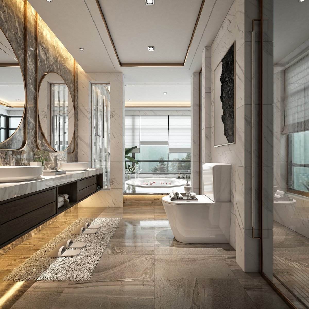 Luxury primary bathroom with walk-in shower and marble finishes