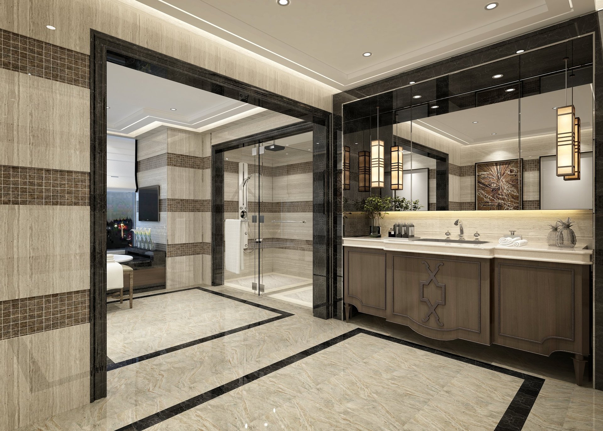 Luxury spa bathroom with walk-in shower and elegant finishes