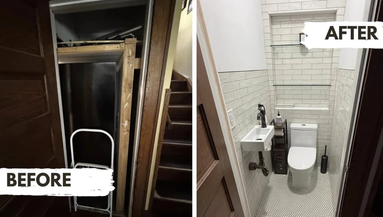 Before and after comparison of a bathroom renovation showing a cramped cluttered space transformed into a modern clean toilet room with white tiles