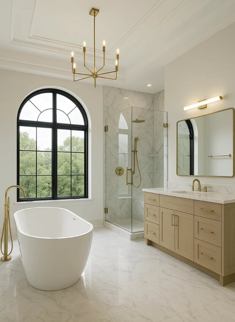 Luxury bathroom with freestanding white soaking tub, marble shower enclosure, wooden vanity with gold hardware, arched window with black frame, and brass chandelier