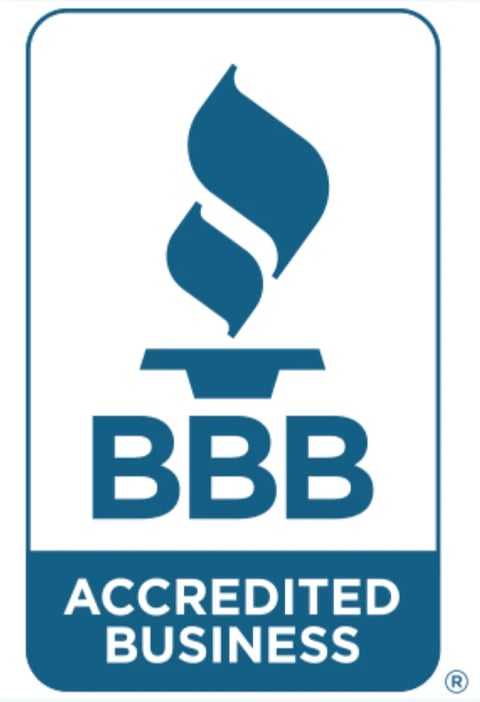 BBB Accredited Business logo with blue torch symbol and registered trademark