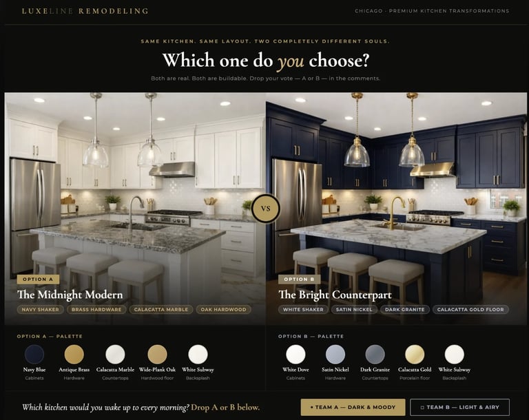 Two luxury kitchen remodels side-by-side comparison showing The Midnight Modern with white cabinets and The Bright Counterpart with dark cabinets, including color palette options below each design